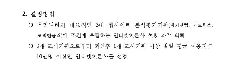 2. 결정방법. 가. 우리나라의 대표적인 3대 웹사이트 분석평가기관(랭키닷컴, 메트릭스, 코리안클릭)에 조건에 부합하는 인터넷언론사 현황 파악 의뢰. 나. 3개 조사기관으로부터 회신 후 1개 조사기관 이상 일일 평균 이용자 수 10만명 이상인 인터넷언론사를 선정