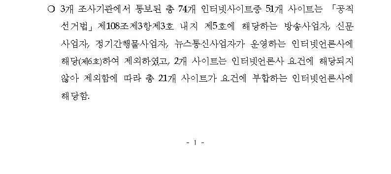다. 3개 조사기관에서 통보된 총 74개 인터넷사이트 중 51개 사이트는 '공직선거법' 제108조제3항제3호 내지 제5호에 해당하는 방송사업자, 신문사업자, 정기간행물사업자, 뉴스통신사업자가 운영하는 인터넷언론사에 해당(제6호)하여 제외하였고, 2개 사이트는 인터넷언론사 요건에 해당되지 않아 제외함에 따라 총 21개 사이트가 요건에 부합하는 인터넷언론사에 해당함.